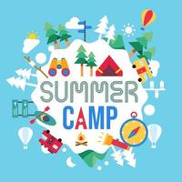 zomerkamp concept papier knippen, kamperen en reizen op vakantie. en buitenactiviteiten. poster in vlakke stijl, vectorillustratie. vector