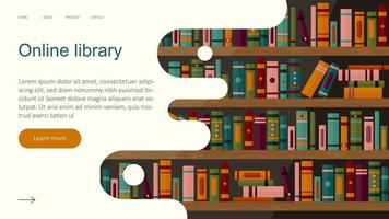 online bibliotheek-app voor lezen, banner, websitesjabloon. elektronische boekwinkel applicatie op achtergrond met boekenkasten, digitale technologieën in het onderwijs. vectorafbeelding. vector