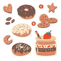 donuts, koekjes en jar-dessertelementen. vectorreeks. vector