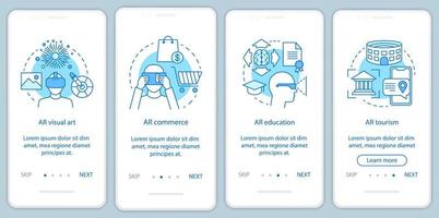 augmented reality toepassing van onboarding mobiele app-paginascherm met concepten. ar beeldende kunst, handel, onderwijs, toerisme walkthrough stappen grafische instructies. ux, ui, gui vectorsjabloon met pictogrammen vector