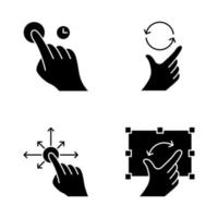 touchscreen gebaren glyph pictogrammen instellen. aanraken en vasthouden, zoomen, draaien gebaren. sleep vinger alle richtingen. knijp en pan gebaar. menselijke vingers. silhouet symbolen. vector geïsoleerde illustratie