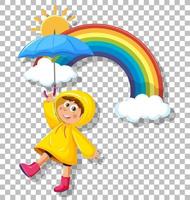 een jongen in gele regenjas met paraplurasterachtergrond vector