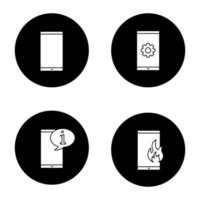 telefoon communicatie glyph pictogrammen instellen. smartphone, instellingen mobiele telefoon, infochat, noodoproep bij brand. vector witte silhouetten illustraties in zwarte cirkels