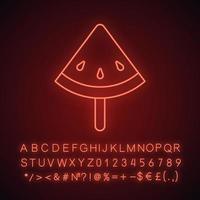 watermeloen segment op stick neon licht icoon. gloeiend bord met alfabet, cijfers en symbolen. vector geïsoleerde illustratie