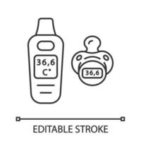 fopspeen thermometer lineaire pictogram. lichaamstemperatuur meten. baby tepel thermometer. normale temperatuur. dunne lijn illustratie. contour symbool. vector geïsoleerde overzichtstekening. bewerkbare streek