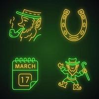 heilige patrick dag neonlicht pictogrammen instellen. feest van st. patrick. kabouters, hoefijzer, 17 maart kalenderdatum. gloeiende borden. geïsoleerde vectorillustraties vector