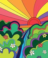 decoratieve groovy kleurrijke retro poster jaren 70 met landschap met bomen, madeliefjebloemen en zon vector