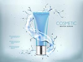 blauwe cosmetische flessen met opspattend water achtergrond vector