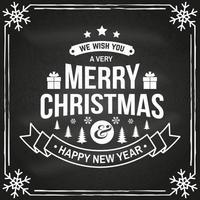 we wensen je een heel vrolijk kerstfeest en een gelukkig nieuwjaar stempel, sticker set met sneeuwvlokken, kerstboom, cadeau. vector