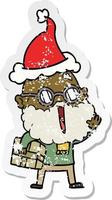 verontruste sticker cartoon van een vrolijke man met baard en pakje onder de arm met een kerstmuts vector