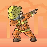 schattige brandweerman dabbing dansviering vector