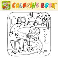 kleurboek of kleurplaat voor kinderen. auto zwart-wit vectorillustratie. natuur achtergrond vector