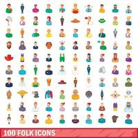 100 folk iconen set, cartoon stijl vector