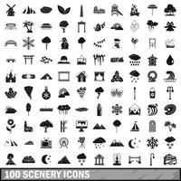 100 landschap iconen set, eenvoudige stijl vector