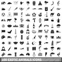100 exotische dieren iconen set, eenvoudige stijl vector