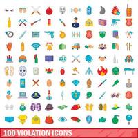 100 overtreding iconen set, cartoon stijl vector