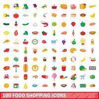 100 voedsel winkelen iconen set, cartoon stijl vector