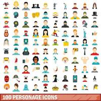 100 personage iconen set, vlakke stijl vector