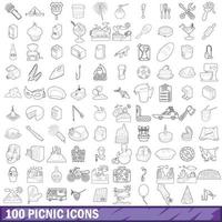 100 picknick iconen set, Kaderstijl vector