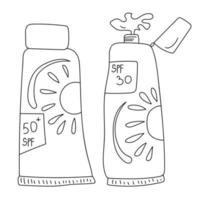 zonnebrandcrème doodle set, open en gesloten tube met crème voor huidverzorging tijdens het hete seizoen vector
