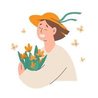 jonge gelukkige vrouw in een hoed die lacht en bloemen vasthoudt vector