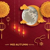 Chinees medio herfstfestival met goudpapier gesneden kunst en ambachtelijke stijl op gekleurde achtergrond vector