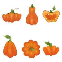cartoon halloween oranje pompoen set verschillende maten en vormen geïsoleerd op een witte achtergrond. vectorillustratie. vector