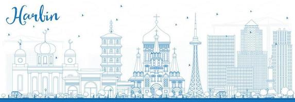 schets harbin skyline met blauwe gebouwen. vector