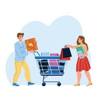 shoppers koppelen goederen aan winkelwagentje in marktvector vector