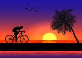 grafisch beeld man fietst 's avonds met een zonsondergang op de achtergrond en oranje silhouet van zonsondergang met donker gras op de grond vectorillustratie vector