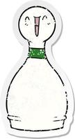 verontruste sticker van een cartoon happy bowling pin vector