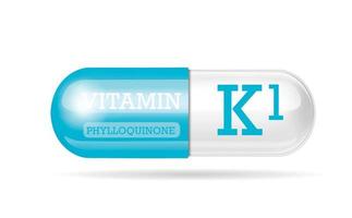 capsule van vitamine k1 blauw-witte structuur. 3D-vitaminecomplex met chemische formule. persoonlijke verzorging, schoonheidsconcept. ruimte kopiëren. vector illustratie