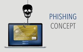 phishing bank creditcard en laptop met login en wachtwoord. waarschuwing voor vissen. informatieposter. grijze achtergrond met kleurovergang. vector illustratie