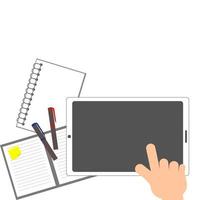 illustratorvector van werken op tablet op tafel met notitieboekje en pennen, aanraken op tablet vector