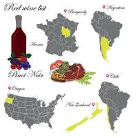 pinot noir. de wijnkaart. een illustratie van een rode wijn met een voorbeeld van aroma's, een wijngaardkaart en gerechten die bij de wijn passen. achtergrond voor menu en wijnproeverij. vector