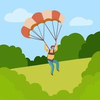 parachutist die op veldgrond landt. man met parachute op de achtergrond van berglandschap. heldere vectorillustratie in platte cartoonstijl.