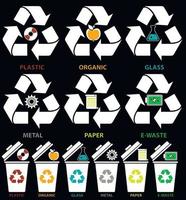 Prullenbak kan pictogrammen met verschillende kleuren soorten afval organisch, plastic, metaal, papier, glas, e-waste in vlakke stijl geïsoleerd op zwarte achtergrond. vector