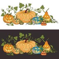 twee illustraties van pompoenen voor halloween op een witte en donkere achtergrond. grappige gezichten op verschillende soorten pompoenen. vector