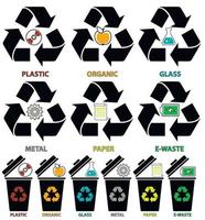 Prullenbak kan pictogrammen met verschillende kleuren soorten afval organisch, plastic, metaal, papier, glas, e-waste in vlakke stijl geïsoleerd op een witte achtergrond. vector