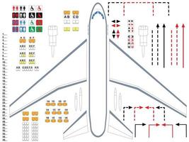 vlak. illustratie van vliegtuigonderdelen voor de montage van de cabine. een universele set vliegtuigfragmenten die als achtergrond gebruikt kunnen worden voor het opstellen van een evacuatieplan voor een vliegtuig. vector