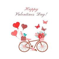 happy Valentijnsdag mooie wenskaart met fiets, ballon, wijn, hart. vector illustratie