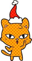 stripboekstijlillustratie van een kat die een kerstmuts draagt vector