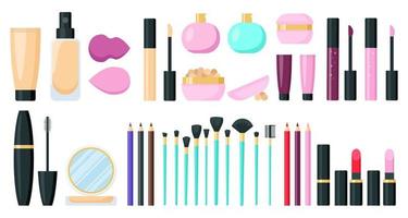 grote make-up producten cosmetica set. schoonheid gereedschap. foundation lippenstift glans mascara parfum borstels. vlakke stijl. geïsoleerde vectorillustratie vector