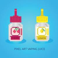 pixel e-liquid smaken. pixelart vapensap of vapensaptekens. set e-vloeistof voor verdamper, pixelfles met fruitsmaak vector