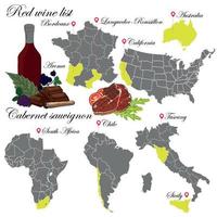 Cabernet Sauvignon. de wijnkaart. een illustratie van een wijn met een voorbeeld van aroma's, een wijngaardkaart en gerechten die bij de wijn passen. achtergrond voor menu en wijnproeverij. vector