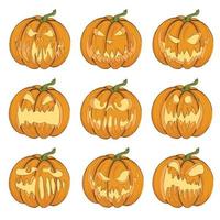 halloween. vectorillustratie van jack-o'-lantern voor kaarten, banners, stickers, flyers. gekleurde set van pompoenen op een witte achtergrond. vector