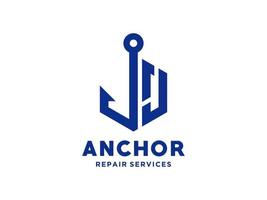 logo ontwerp j anker artistiek alfabet voor boot schip marine nautisch vervoer gratis vector