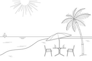 zwart-wit schetsen tekening van een gestreepte parasol en de twee houten stoelen op een witte achtergrond, vectorillustratie vector