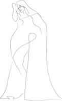 mooi langharig meisje dat een Indiase sari draagt, getekend in een kunstlijnstijl op een witte achtergrond .jpg vector