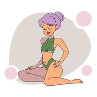 een meisje met een slank figuur op het strand, in een zwempak, zonnebaden, zomerseizoen, cartoonstijl, doodle vector